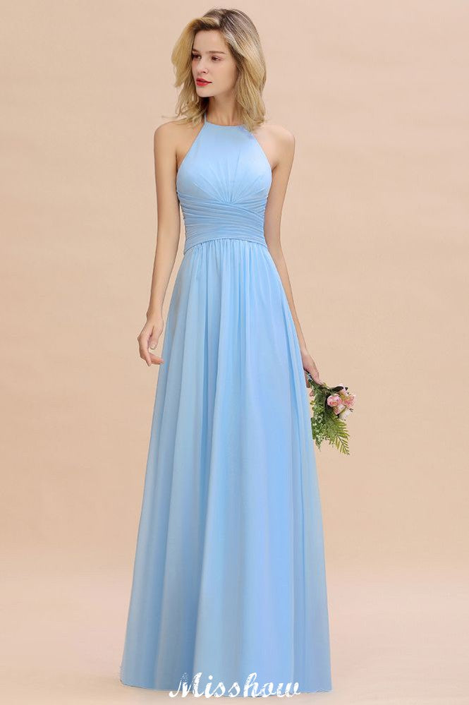 Halter Backless Beach Bridesmaid Dress Chiffon Garden Wedding Party Dress-misshow.com