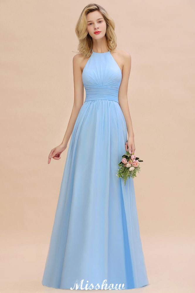 Halter Backless Beach Bridesmaid Dress Chiffon Garden Wedding Party Dress-misshow.com