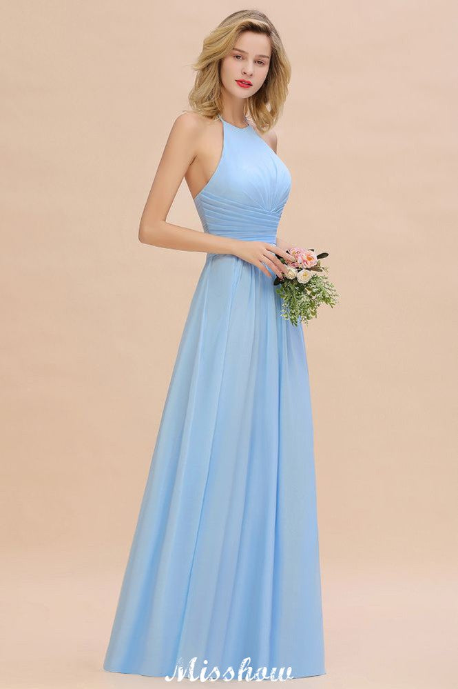 Halter Backless Beach Bridesmaid Dress Chiffon Garden Wedding Party Dress-misshow.com