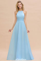 Halter Backless Beach Bridesmaid Dress Chiffon Garden Wedding Party Dress-misshow.com