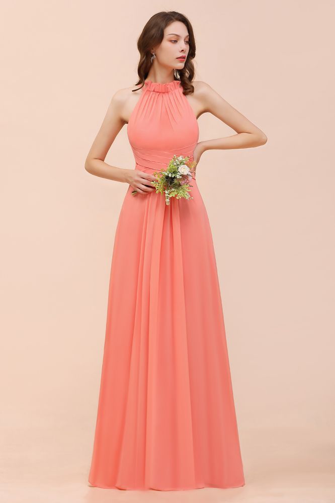 halter Beach Bridesmaid Dress Girls Coral Floor Length Wedding Party Dress-misshow.com