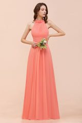 halter Beach Bridesmaid Dress Girls Coral Floor Length Wedding Party Dress-misshow.com