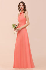 halter Beach Bridesmaid Dress Girls Coral Floor Length Wedding Party Dress-misshow.com