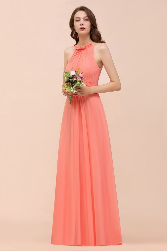 halter Beach Bridesmaid Dress Girls Coral Floor Length Wedding Party Dress-misshow.com