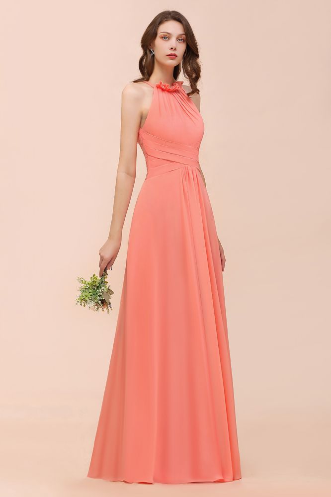 halter Beach Bridesmaid Dress Girls Coral Floor Length Wedding Party Dress-misshow.com