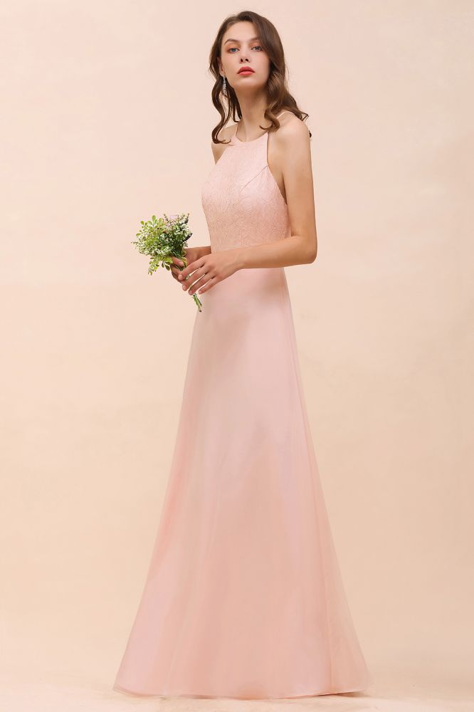 Halter Bridesmaid Dress Pink Floor Length Formal Event Dress-misshow.com
