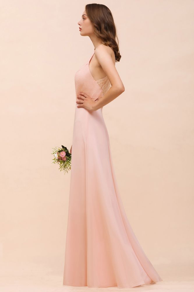 Halter Bridesmaid Dress Pink Floor Length Formal Event Dress-misshow.com