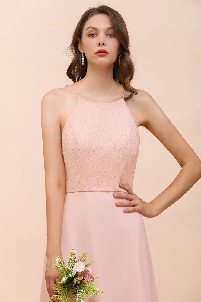 Halter Bridesmaid Dress Pink Floor Length Formal Event Dress-misshow.com