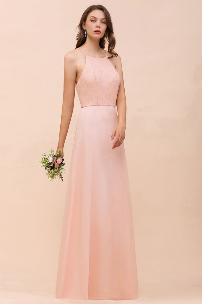 Halter Bridesmaid Dress Pink Floor Length Formal Event Dress-misshow.com