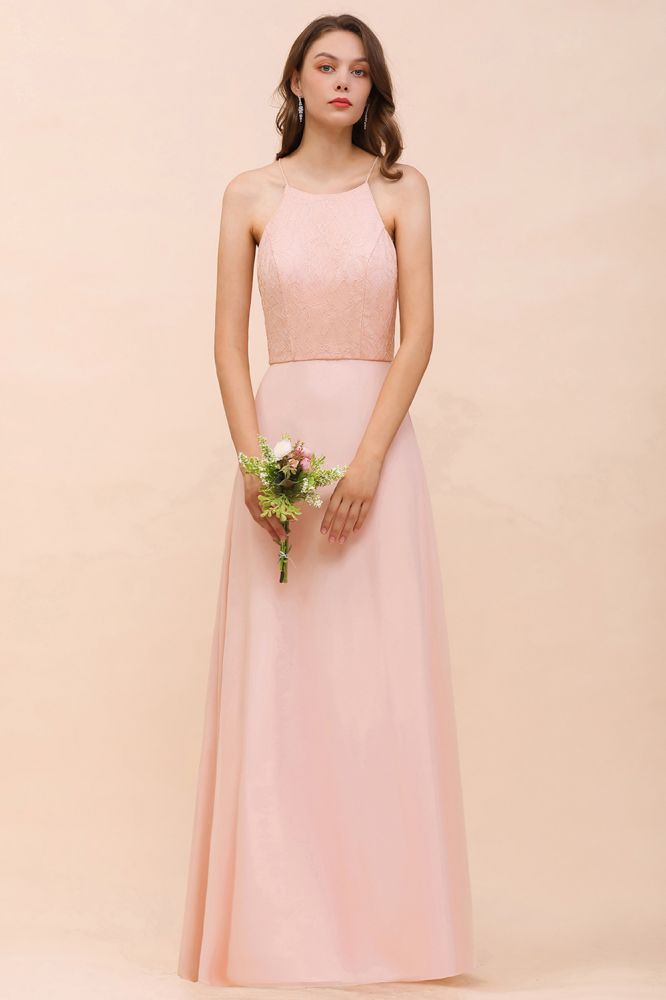 Halter Bridesmaid Dress Pink Floor Length Formal Event Dress-misshow.com