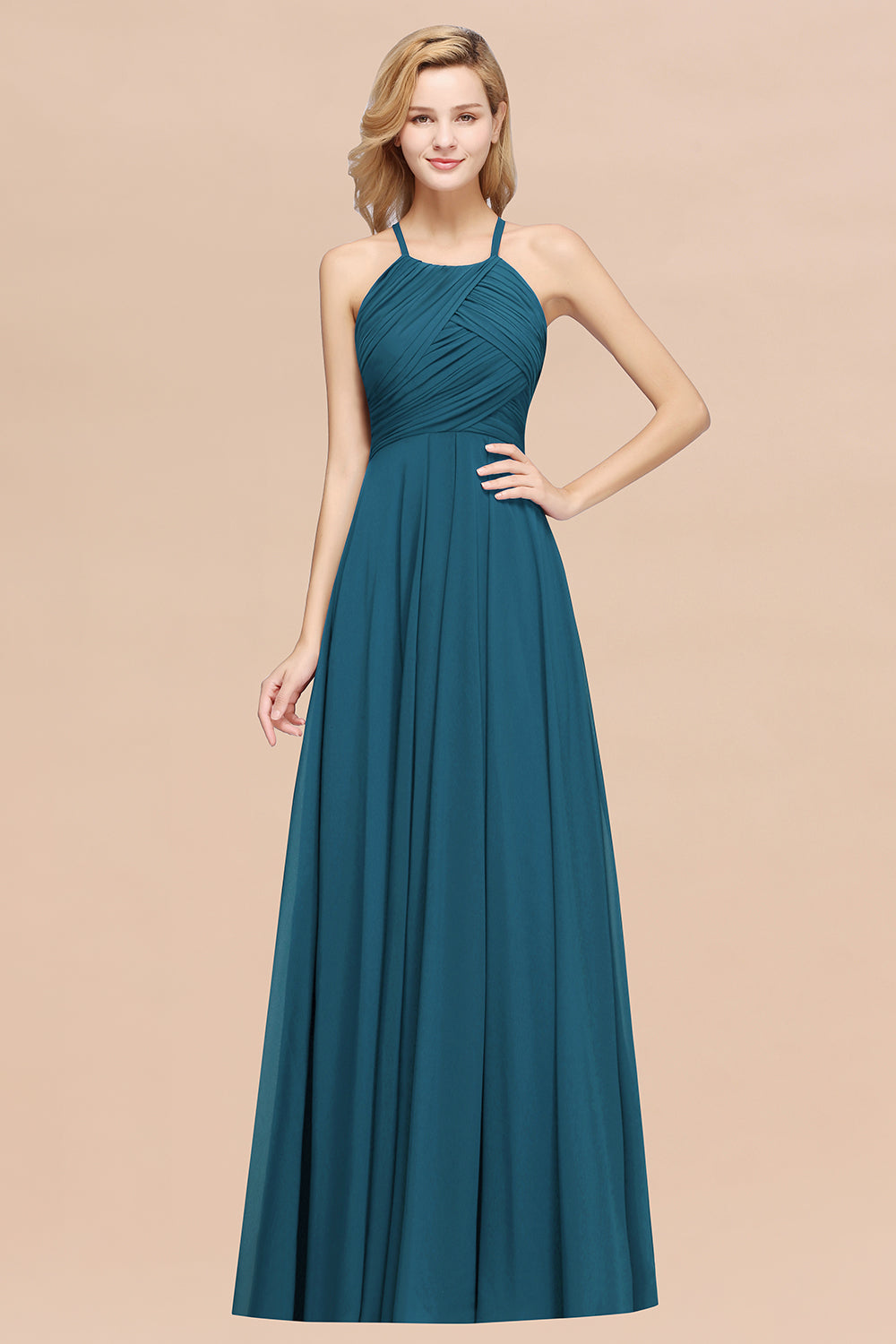 Halter Crisscross Pleated Bridesmaid Dresses Blue Chiffon Sleeveless Maid of Honor Dress Halter Crisscross Pleated Bridesmaid Dresses Blue Chiffon Sleeveless Maid of Honor Dress