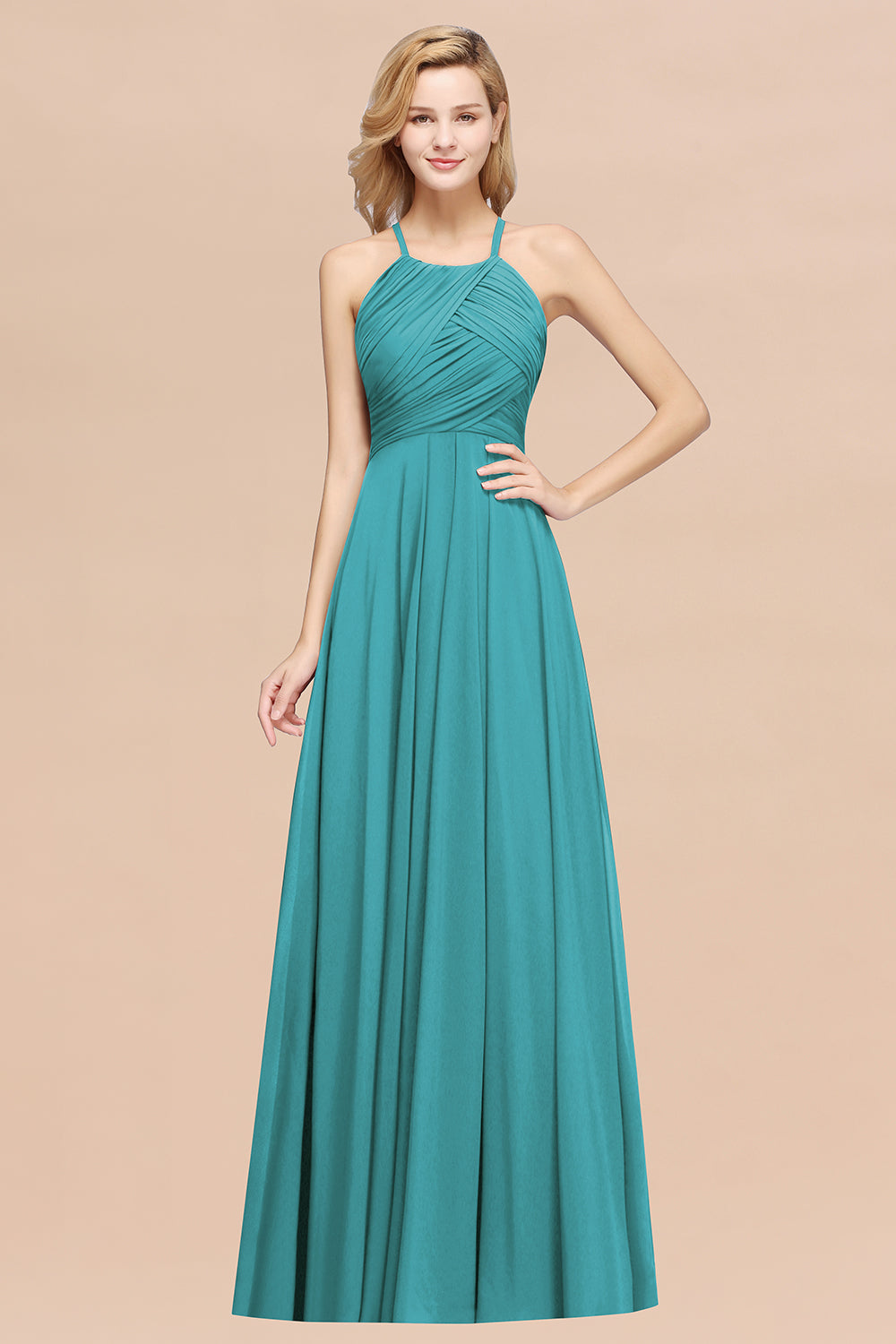 Halter Crisscross Pleated Bridesmaid Dresses Blue Chiffon Sleeveless Maid of Honor Dress Halter Crisscross Pleated Bridesmaid Dresses Blue Chiffon Sleeveless Maid of Honor Dress