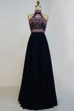 Halter Floor Length A-line Embroidered Flowers Black Prom Dresses