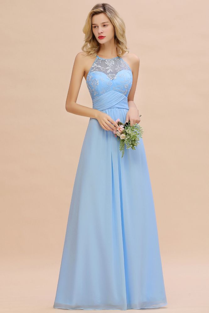 Halter Floral lace aline Chiffon Bridesmaid Dress Sleeveless Ruffle Wedding Guest Dress | MISSHOW Halter Floral lace aline Chiffon Bridesmaid Dress Sleeveless Ruffle Wedding Guest Dress | MISSHOW