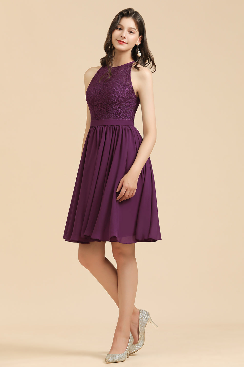 Halter Lace Bridesmaid Dress Chiffon Sleeveless Short Dress-misshow.com