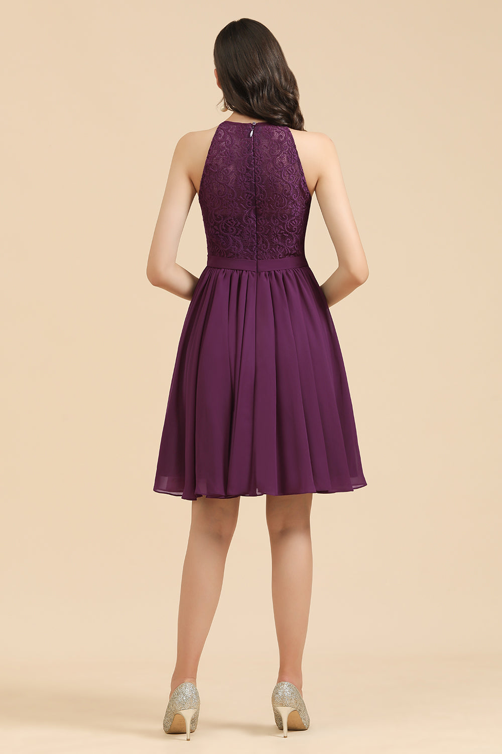 Halter Lace Bridesmaid Dress Chiffon Sleeveless Short Dress-misshow.com