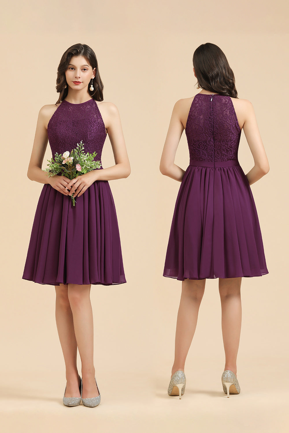 Halter Lace Bridesmaid Dress Chiffon Sleeveless Short Dress-misshow.com