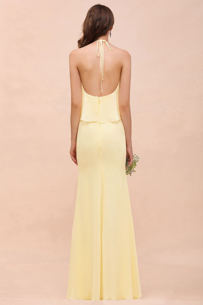 Halter Mermaid Chiffon Girls Bridesmaid Dress Yellow Floor length Beach Wedding Dress | MISSHOW Halter Mermaid Chiffon Girls Bridesmaid Dress Yellow Floor length Beach Wedding Dress | MISSHOW