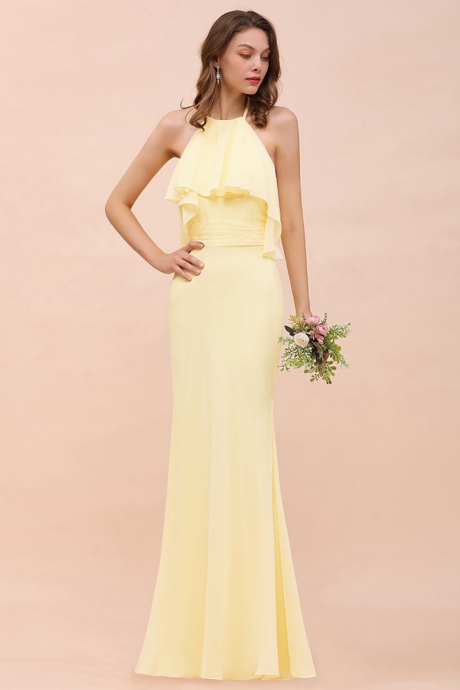 Halter Mermaid Chiffon Girls Bridesmaid Dress Yellow Floor Length Beach Wedding Dress | MisShow Halter Mermaid Chiffon Girls Bridesmaid Dress Yellow Floor Length Beach Wedding Dress | MisShow