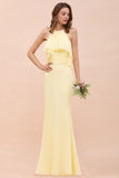 Halter Mermaid Chiffon Girls Bridesmaid Dress Yellow Floor length Beach Wedding Dress-misshow.com