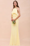 Halter Mermaid Chiffon Girls Bridesmaid Dress Yellow Floor length Beach Wedding Dress-misshow.com