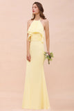 Halter Mermaid Chiffon Girls Bridesmaid Dress Yellow Floor length Beach Wedding Dress-misshow.com