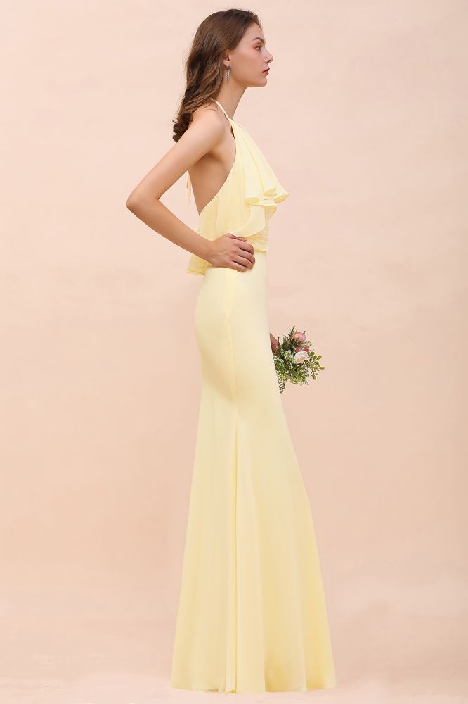 Halter Mermaid Chiffon Girls Bridesmaid Dress Yellow Floor length Beach Wedding Dress-misshow.com