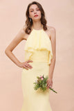 Halter Mermaid Chiffon Girls Bridesmaid Dress Yellow Floor length Beach Wedding Dress-misshow.com