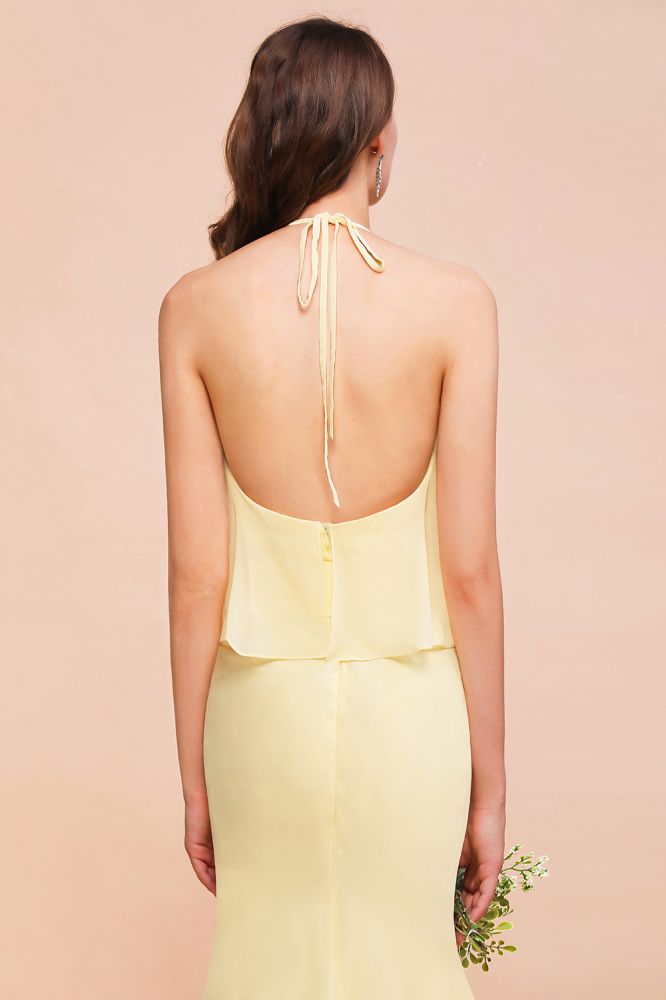 Halter Mermaid Chiffon Girls Bridesmaid Dress Yellow Floor length Beach Wedding Dress-misshow.com