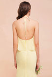 Halter Mermaid Chiffon Girls Bridesmaid Dress Yellow Floor length Beach Wedding Dress-misshow.com