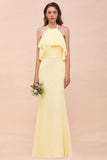 Halter Mermaid Chiffon Girls Bridesmaid Dress Yellow Floor length Beach Wedding Dress