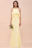 Halter Mermaid Chiffon Girls Bridesmaid Dress Yellow Floor length Beach Wedding Dress-misshow.com