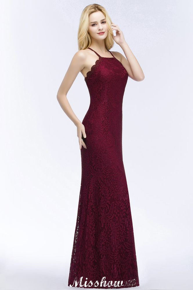 Halter Mermaid Evening Dress Floor Length Lace Burgundy Bridesmaid