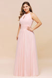 Halter Pink Bridesmaid Dress Plus Size Chiffon Wedding party Dress for Girls-misshow.com