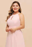 Halter Pink Bridesmaid Dress Plus Size Chiffon Wedding party Dress for Girls-misshow.com
