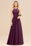 Halter Purple Floral Lace Maxi Bridesamid Dress Aline Wedding Guest Dress-misshow.com