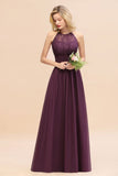 Halter Purple Floral Lace Maxi Bridesamid Dress Aline Wedding Guest Dress-misshow.com