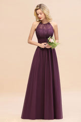 Halter Purple Floral Lace Maxi Bridesamid Dress Aline Wedding Guest Dress-misshow.com