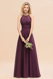 Halter Purple Floral Lace Maxi Bridesamid Dress Aline Wedding Guest Dress-misshow.com