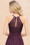 Halter Purple Floral Lace Maxi Bridesamid Dress Aline Wedding Guest Dress-misshow.com