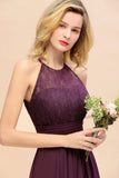 Halter Purple Floral Lace Maxi Bridesamid Dress Aline Wedding Guest Dress-misshow.com