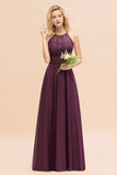 Halter Purple Floral Lace Maxi Bridesamid Dress Aline Wedding Guest Dress-misshow.com