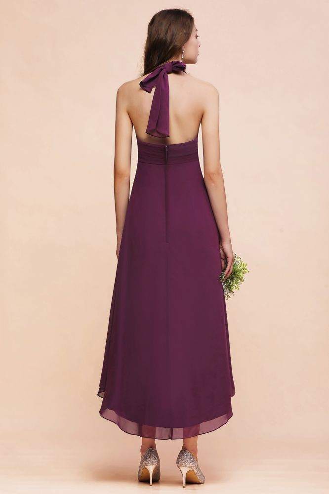 Halter Purple Hi-Lo Bridesmaid Dress Chiffon Cocktail Party Dress-misshow.com