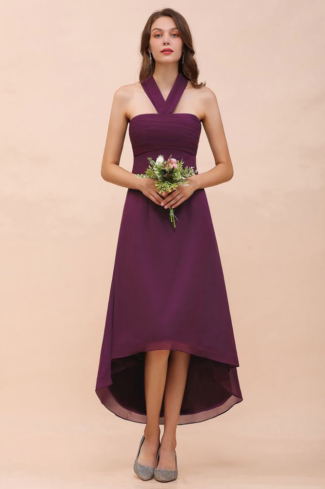 Halter Purple Hi-Lo Bridesmaid Dress Chiffon Cocktail Party Dress-misshow.com