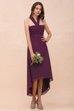 Halter Purple Hi-Lo Bridesmaid Dress Chiffon Cocktail Party Dress-misshow.com