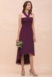 Halter Purple Hi-Lo Bridesmaid Dress Chiffon Cocktail Party Dress-misshow.com