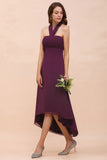 Halter Purple Hi-Lo Bridesmaid Dress Chiffon Cocktail Party Dress-misshow.com