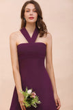 Halter Purple Hi-Lo Bridesmaid Dress Chiffon Cocktail Party Dress-misshow.com