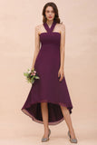 Halter Purple Hi-Lo Bridesmaid Dress Chiffon Cocktail Party Dress-misshow.com