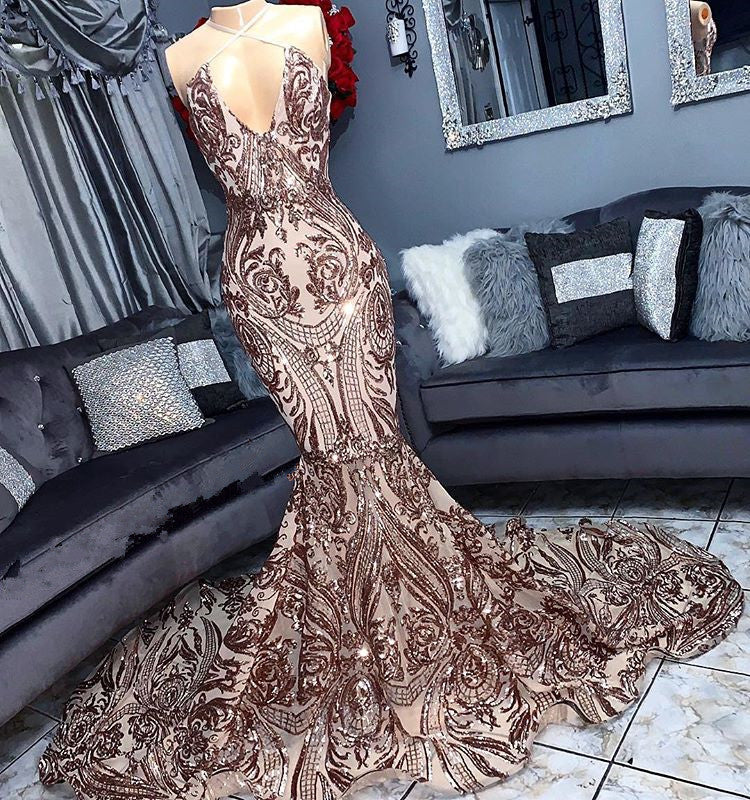 Halter Sequins Mermaid Prom Dress Sleeveless Long Party Gowns-misshow.com